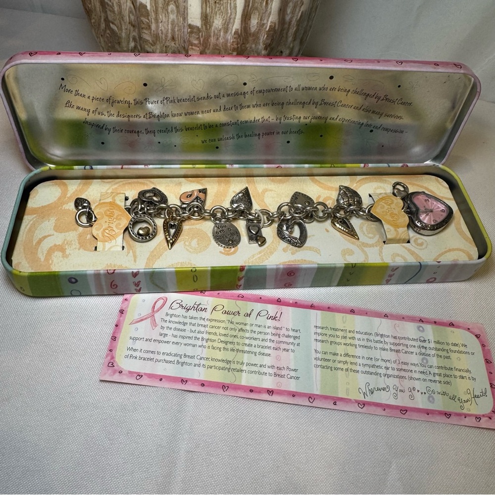 Brighton Silver Charm Bracelet, 2005 'Power of Pink' 12 Charm & Watch Bracelet